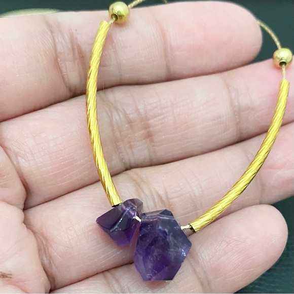 Natural Raw Amethyst Pendant Magnetic Clasp Gold-tone Skinny Chain Necklace - Picture 10 of 15